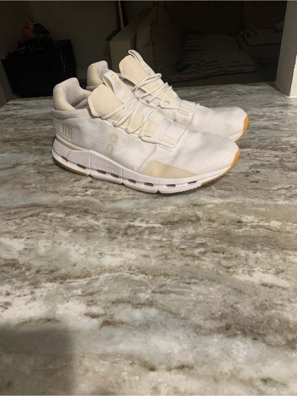 On Running White and Tan Men's CloudTec Sneakers